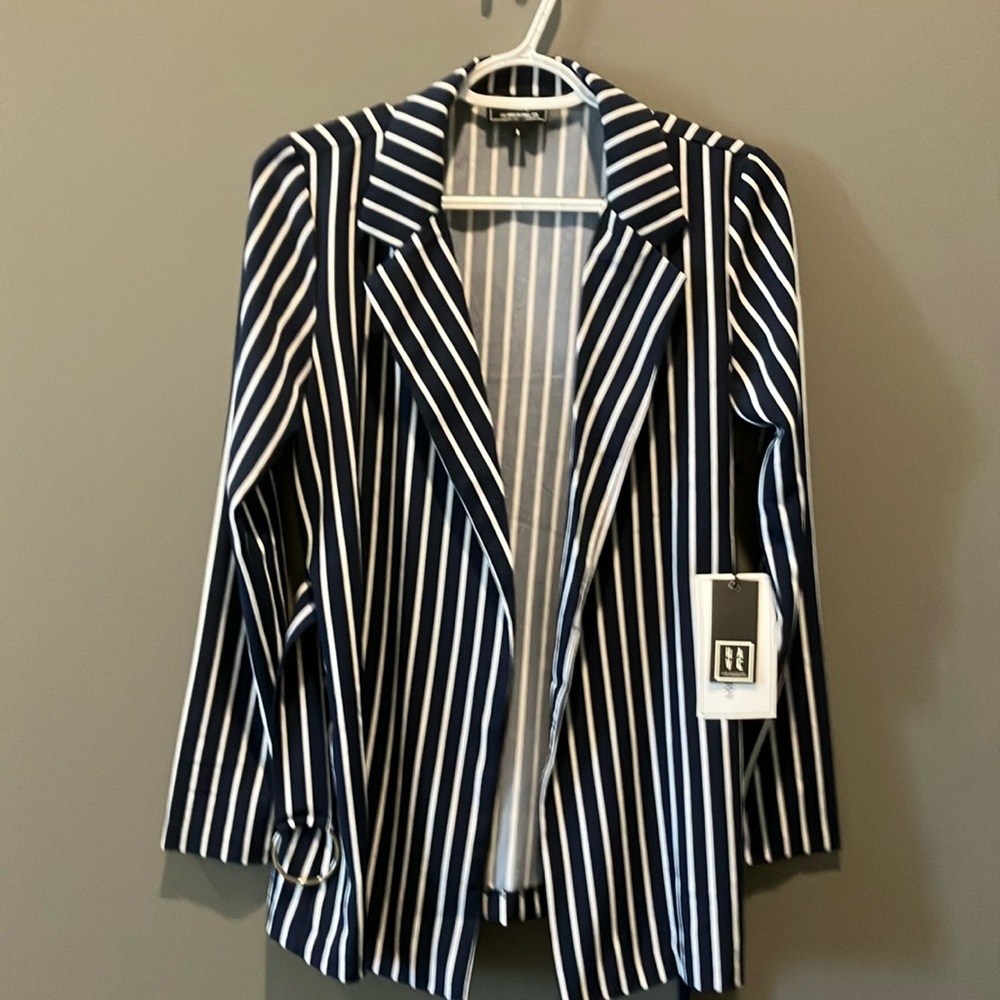 HAVE women’s navy blue and white mid long length blazer striped jacket size s